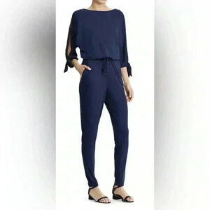 Ralph Lauren Women's Navy Slit-Sleeve Jersey Jumpsuit Size 3XL  Pockets Stretch